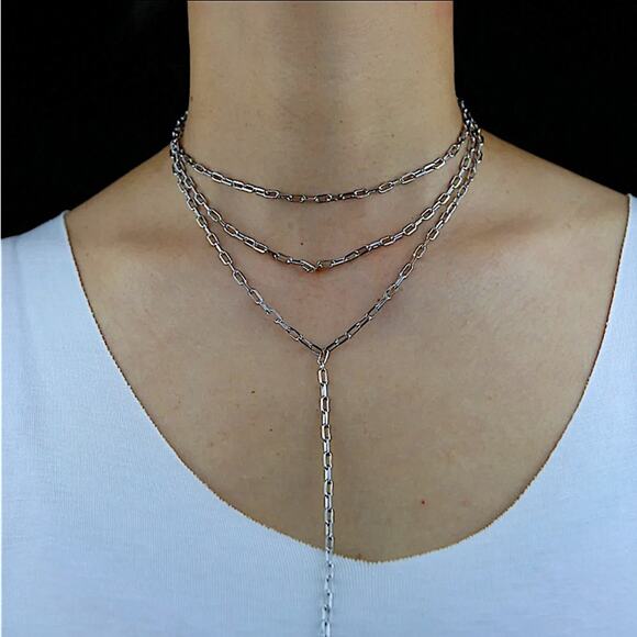 Sterling Silver Paperclip Necklace, Multilayer, Minimalist, Boho, Statement - Picture 3 of 5